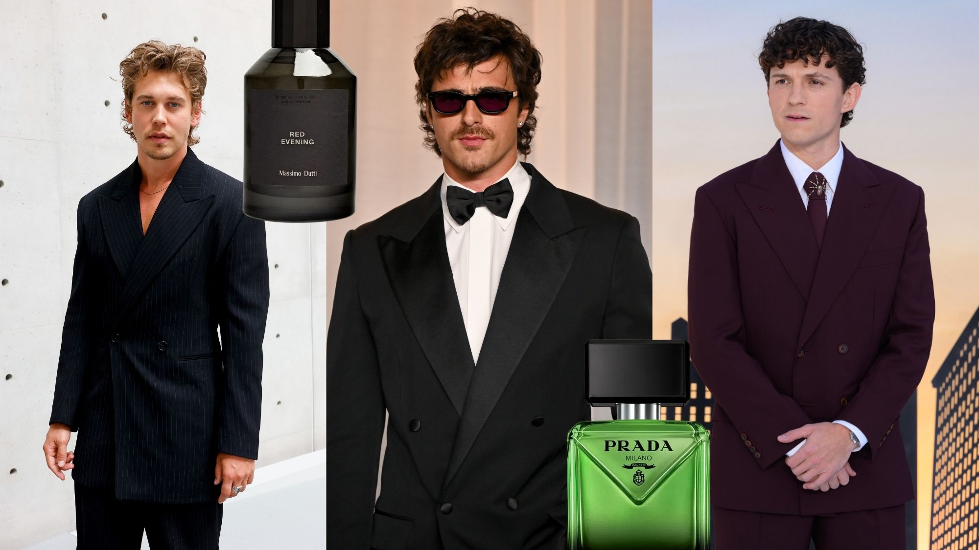 A collage of Austin Butler, Jacob Elordi and Tom Holland next to two men's fragrances from Massimo Dutti and Prada
