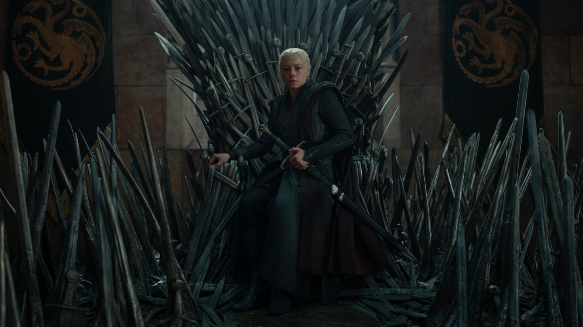 Emma D&amp;rsquo;Arcy as Rhaenyra Targaryen sitting on the Iron Throne in House of the Dragon season 3 episode 2