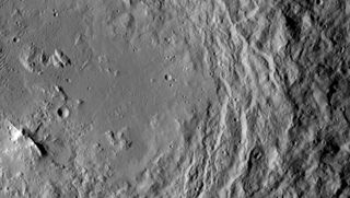 An image from NASA's Dawn spacecraft, taken on Aug. 19, 2015, shows a mountain ridge, near lower left, that lies in the center of Urvara crater on Ceres.