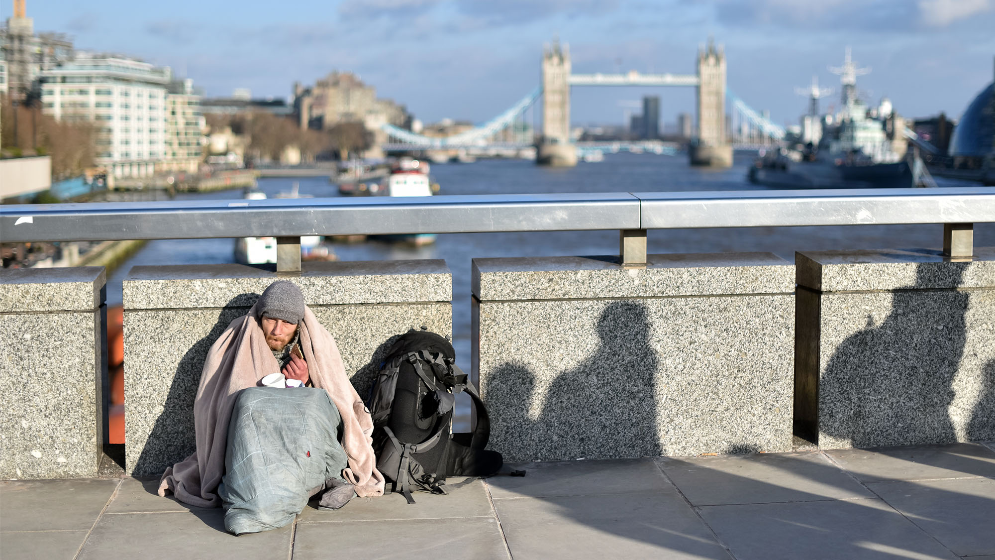 A homeless man on London Bridge