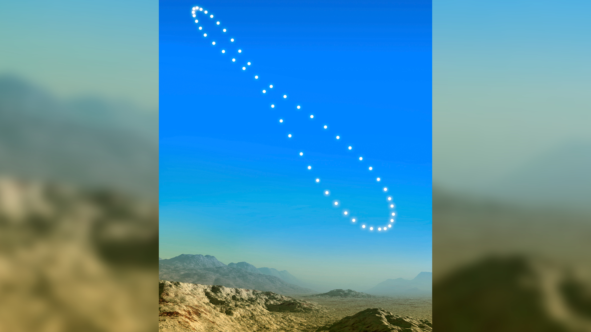 Artist's illustration of an analemma in the sky.  Each point of light demonstrates a "snapshot" image of the sun's position in the sky.  When displayed together all the points of light look like a lopsided figure of eight stretching across the blue sky.