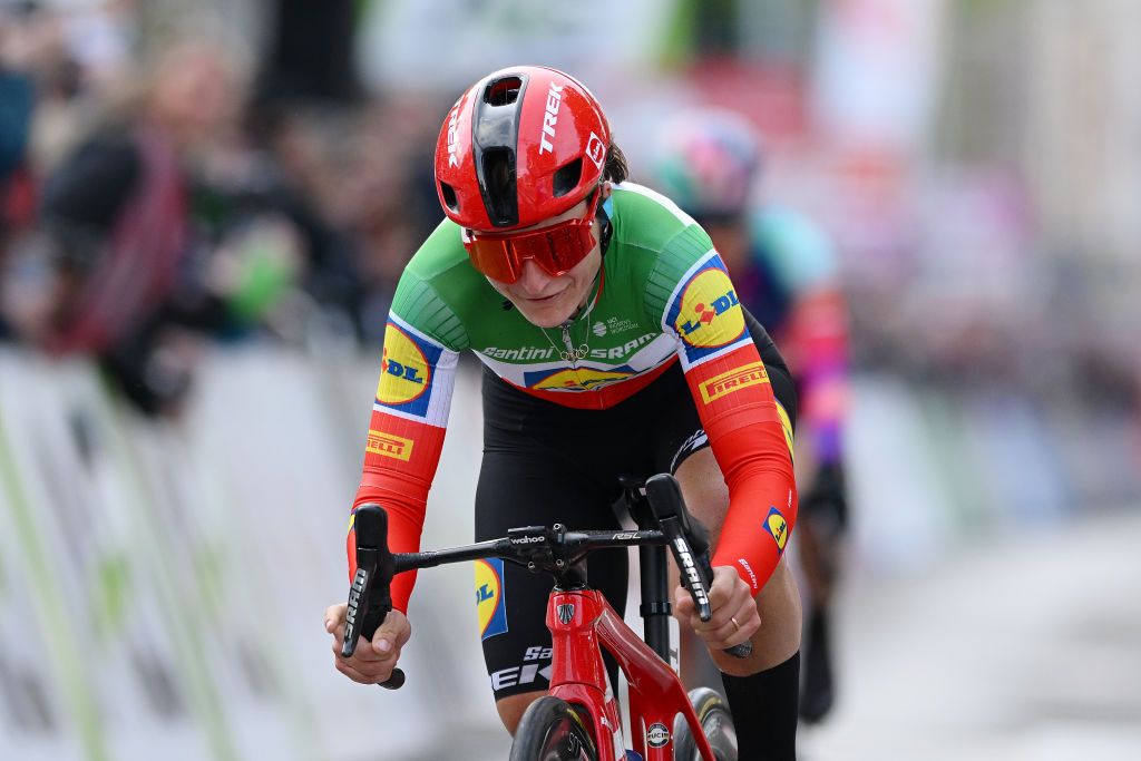 LIEGE BELGIUM APRIL 24 Elisa Longo Borghini of Italy and Team Lidl Trek crosses the finish line as second place during the 8th Liege Bastogne Liege Femmes 2024 a 1529km one day race from Bastogne to Liege UCIWWT on April 24 2024 in Liege Belgium Photo by Dario BelingheriGetty Images