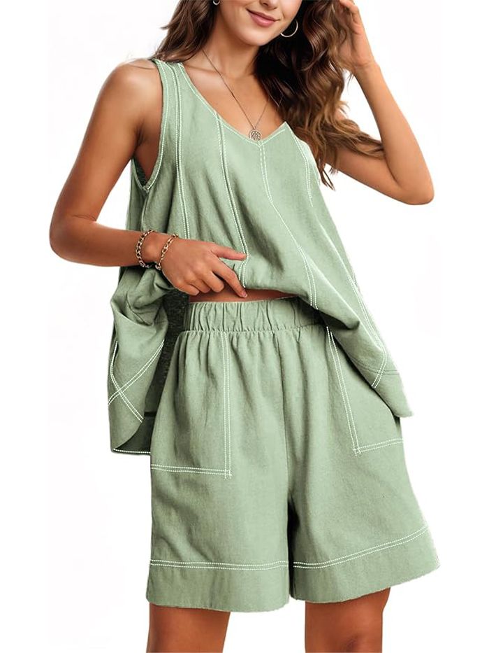 Kikibell, Kikibell Summer Shorts Sets Women 2 Piece Outfits Beach Vacation Clothes Matching Pajamas Lounge Set Sleepwear Ash Green L