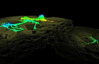 3D sonar view of the USS Hatteras from the vessel's port (left) side. More than half the hull lays buried in sediment. The curved tooth-like outline to the right is the remains of the stern and rudder.