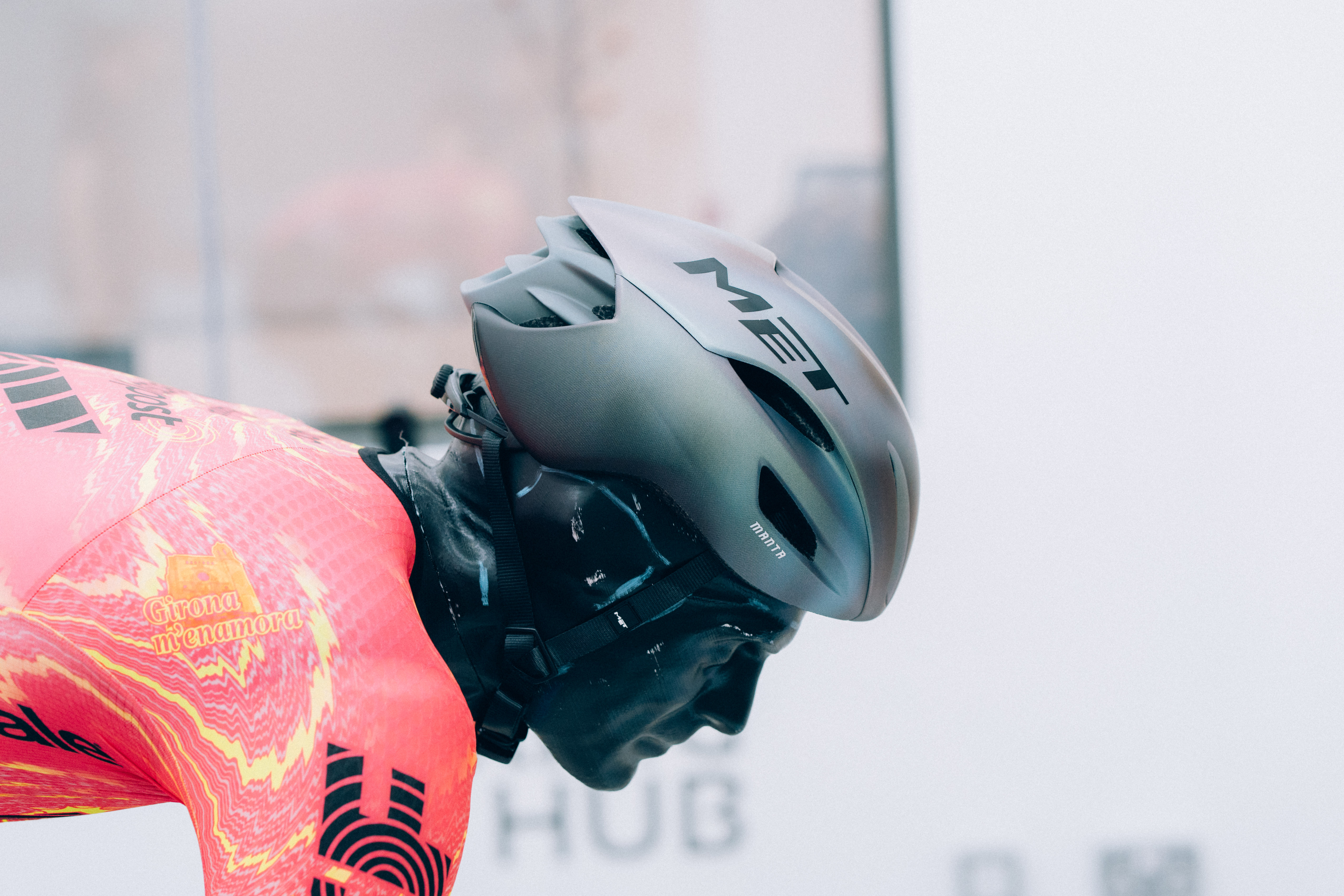 A close up of helmets being tested in the wind tunnel