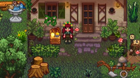 Stardew Valley farm with a redheaded farmer standing in front of her home. Everything is modded - covered in foliaged and has a woodsy theme.
