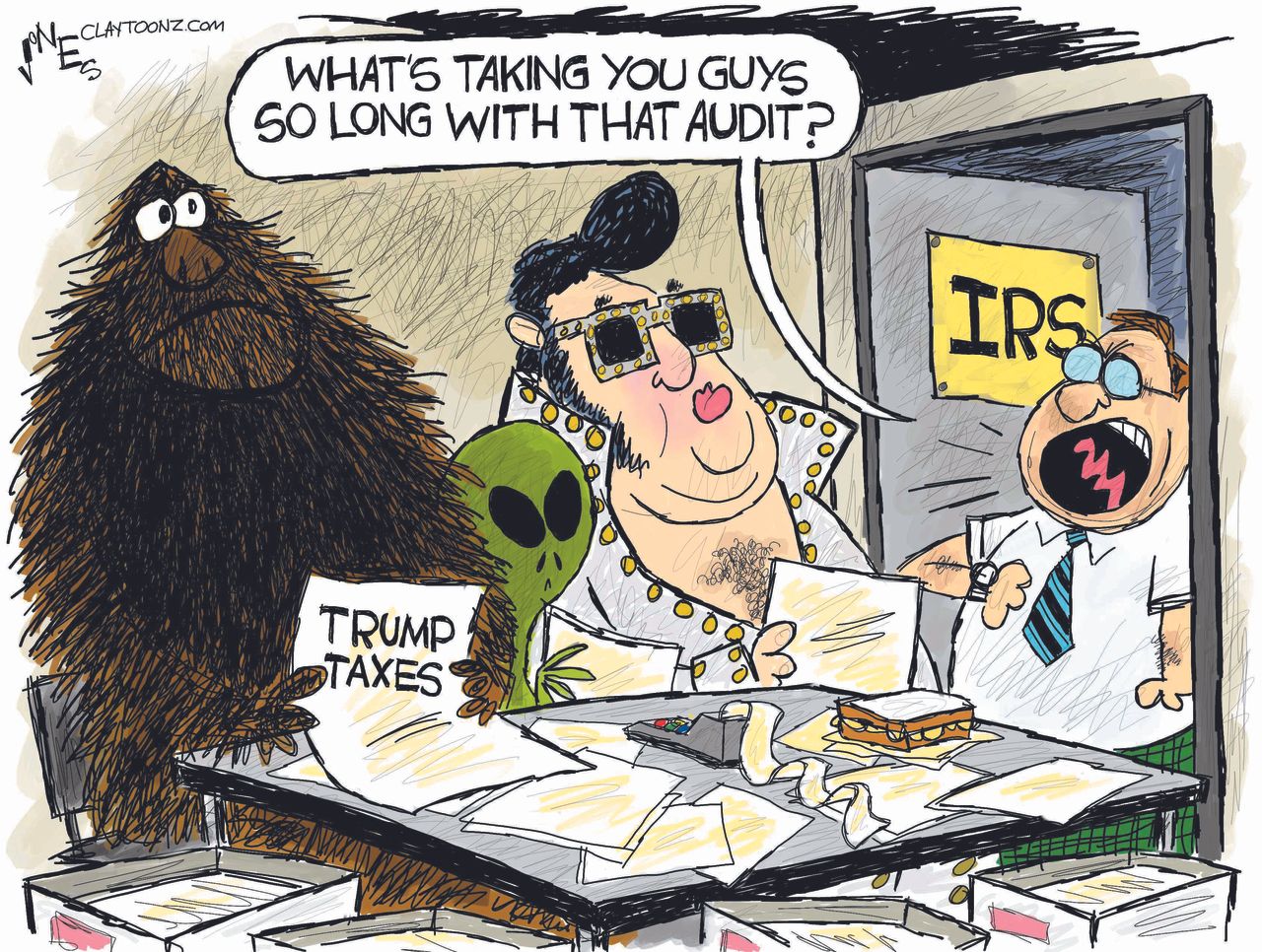 Political Cartoon U.S. Trump taxes IRS mythical audits