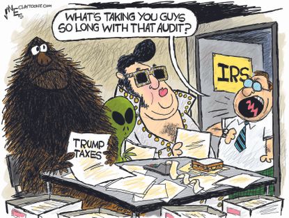 Political Cartoon U.S. Trump taxes IRS mythical audits