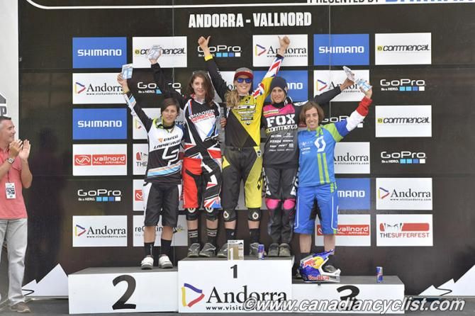 Women's downhill podium (L-R): Emmeline Ragot, Manon Carpenter, Rachel Atherton, Myriam Nicole and Floriane Pugin