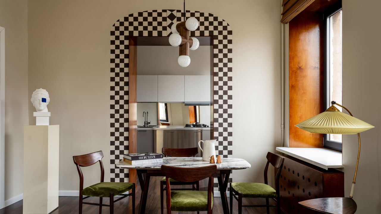 a checkerboard painted feature doorway in an apartment 