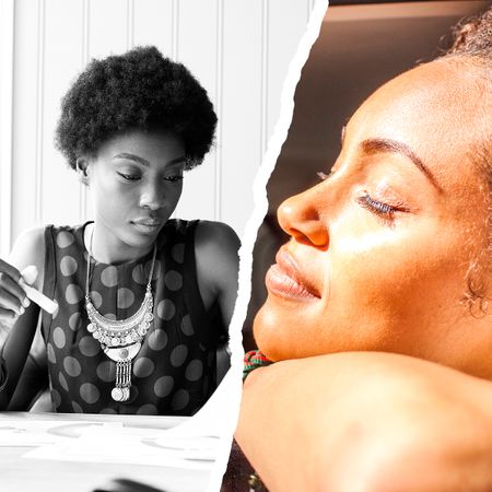 side by side images of a woman working and a woman smiiling