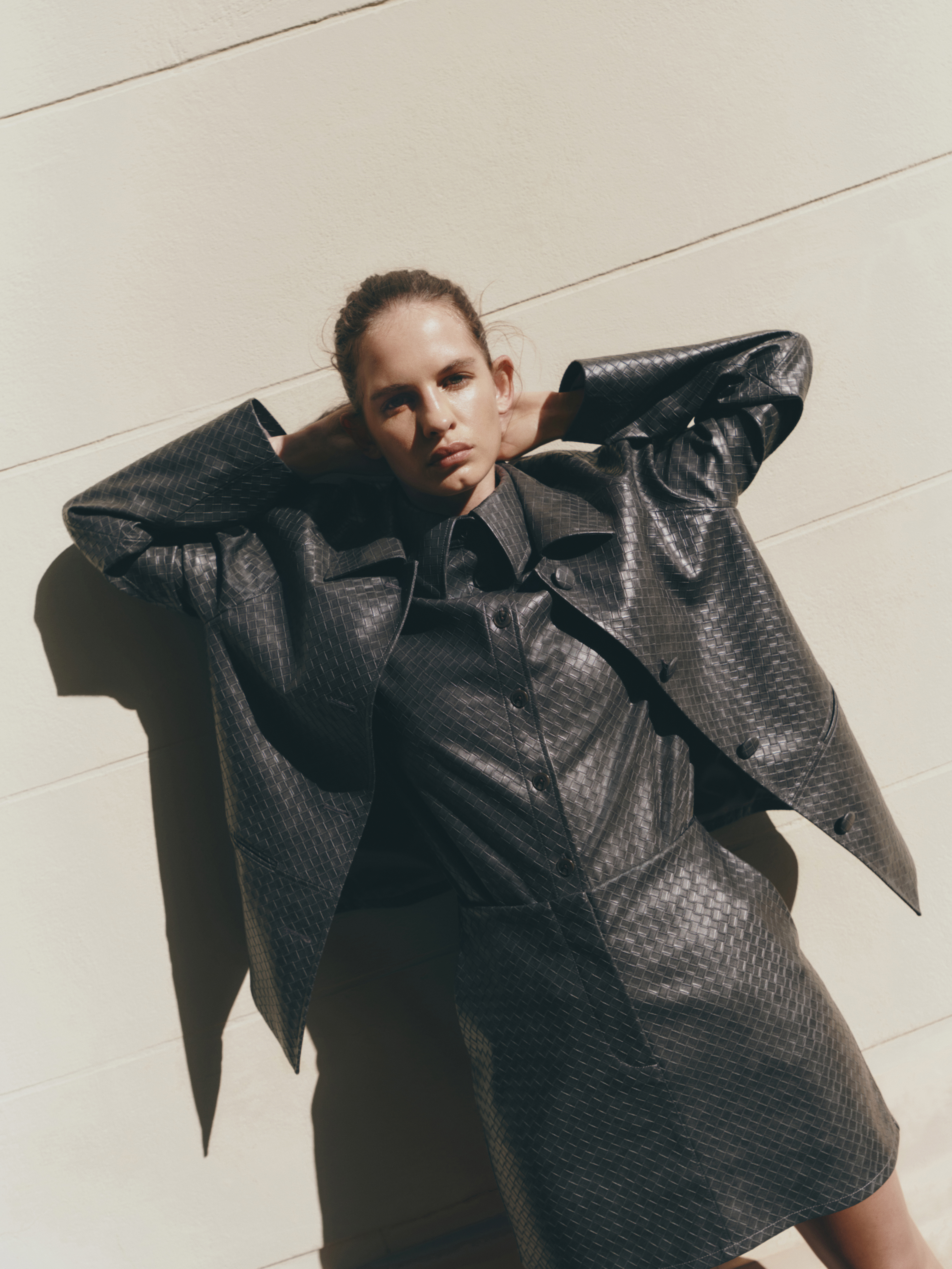 a model wearing a woven faux leather set from M&amp;amp;S love that drop