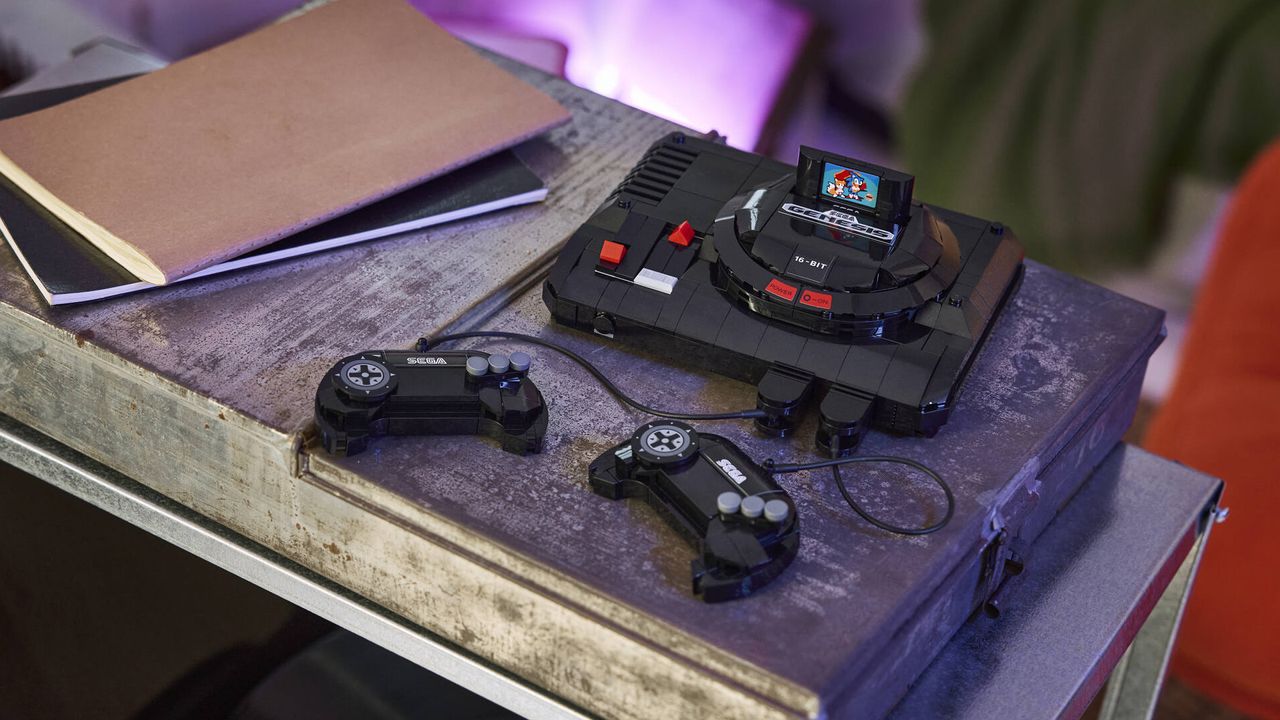 Lego Sega Genesis Console set on a metallic box