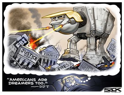 Political cartoon U.S. Trump Dreamers obstruction free press