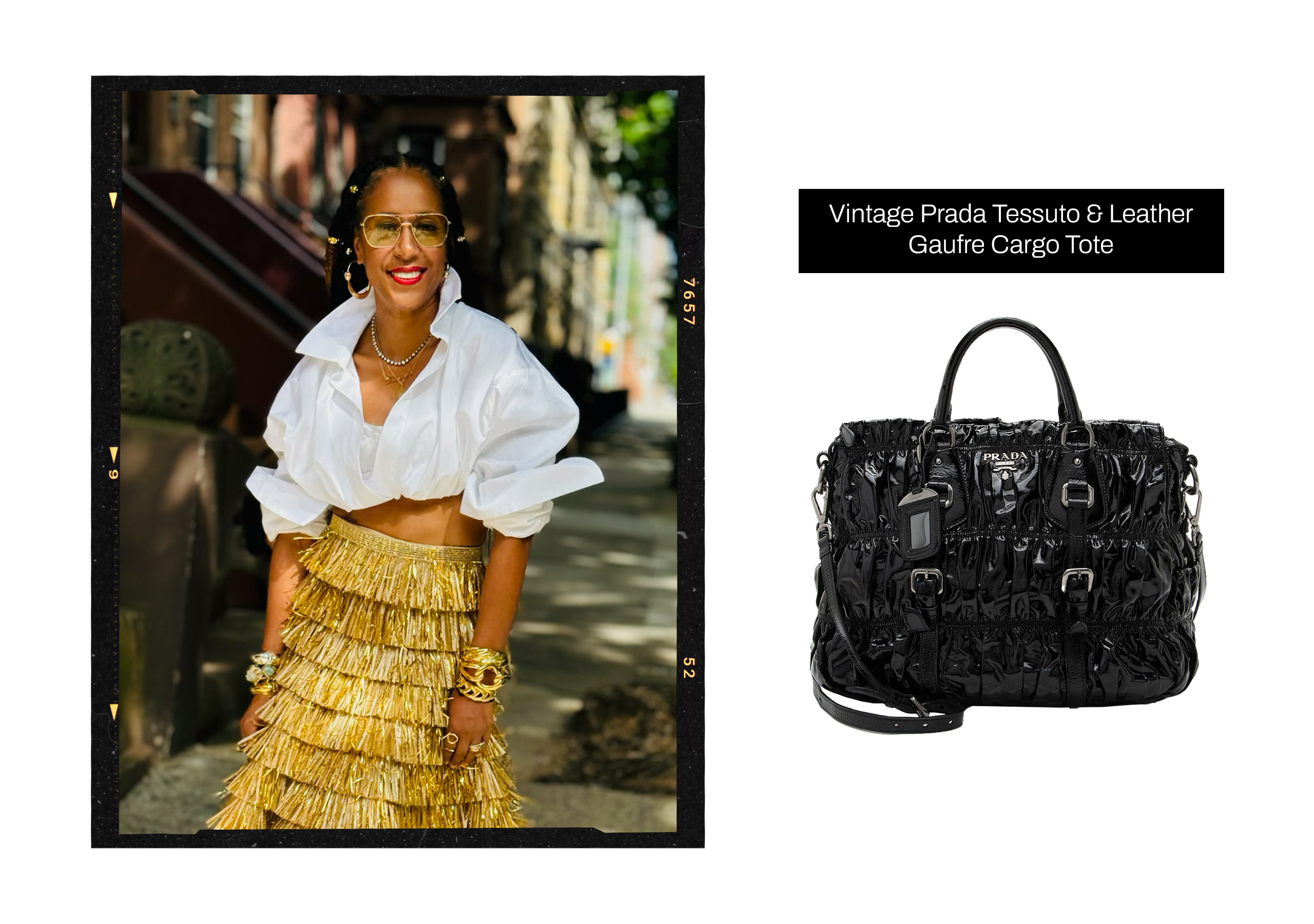 Headshot of Sade Lythcott within a black film frame next to a product image of a work bag