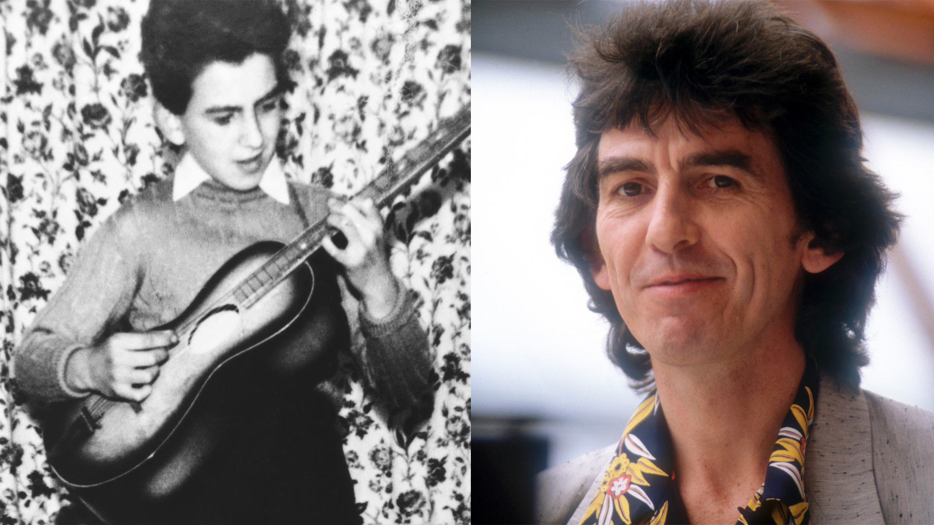 LEFT: Michael Ochs Archives/Getty Images Guitarist George Harrison of the rock and roll band &quot;The Beatles&quot; poses for a childhood portrait playing an acoustic guitar in circa 1954 in Liverpool, England. RIGHT: George Harrison attends a press conference to launch the new book by Derek Taylor &#039;Fifty Years Adrift&#039; at the Sydney Opera House on November 30, 1984 in Sydney, Australia. 
