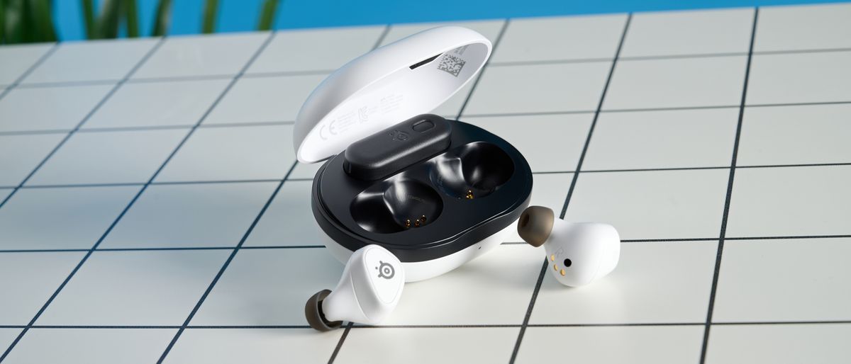 A pair of SteelSeries Arctis GameBuds wireless earbuds