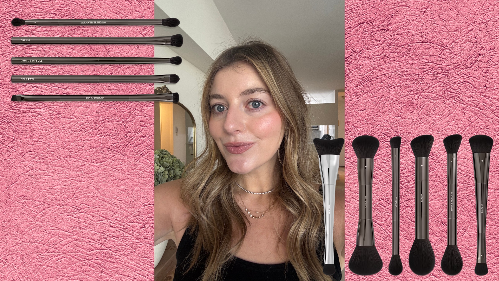 samantha holender with her makeup done on a pink background next to a set of makeup brushes