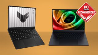 The Asus TUF A14 (2025) and Razer Blade 14 (2025) 14-inch gaming laptops on a dusky yellow/gold background with the PC Gamer recommended badge in the top right