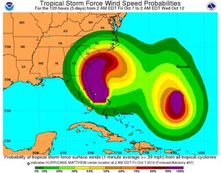 Winds speeds for Hurricane Matthew (left) are expected to be highest in the magenta regions, according to this projection made today (Oct. 7).