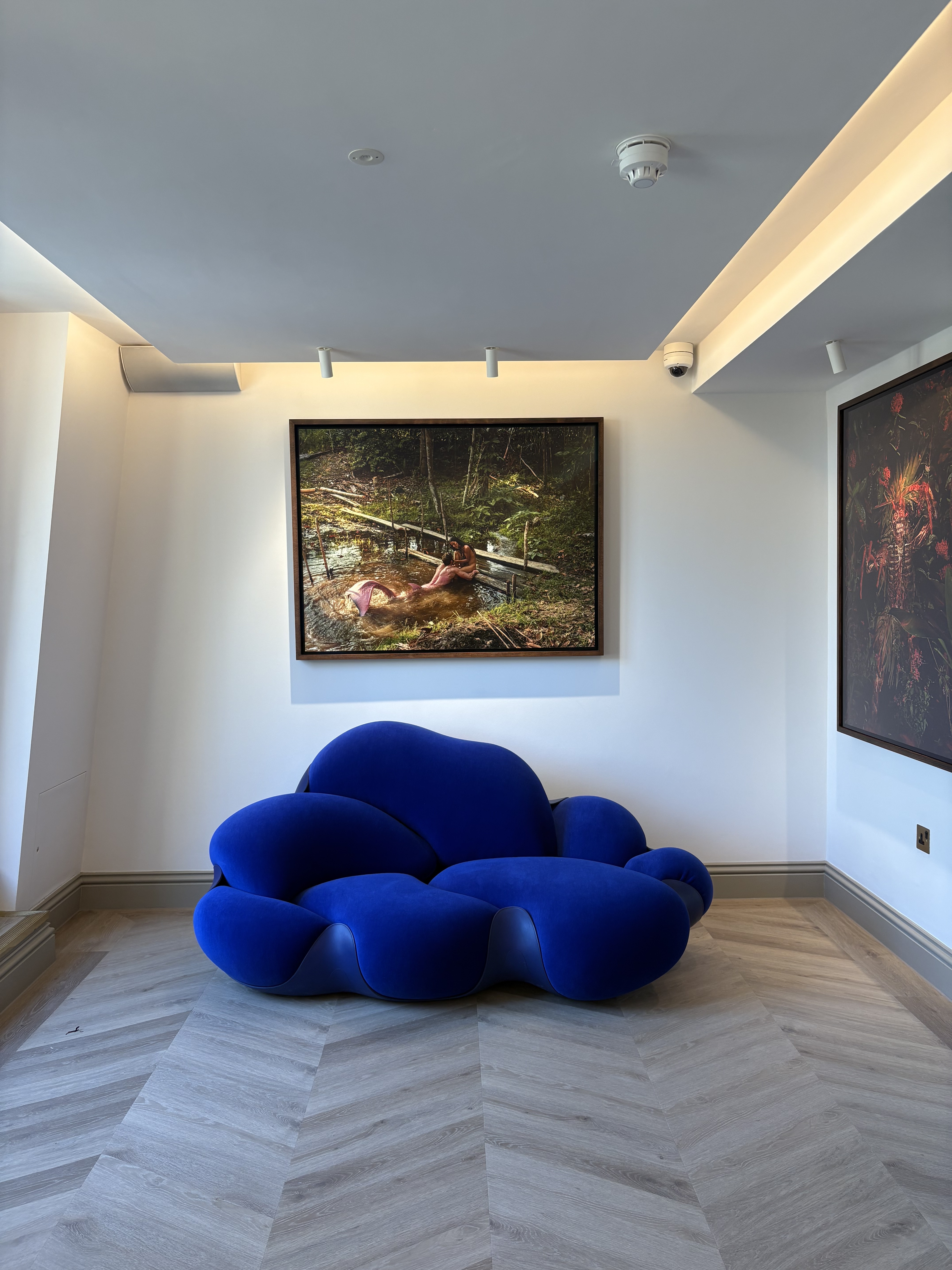 Two photographic prints portraying people immersed in otherworldly natural landscapes hang in an otherwise white room decorated with a multi-part, blue velvet whimsical couch with a soft silhouette.