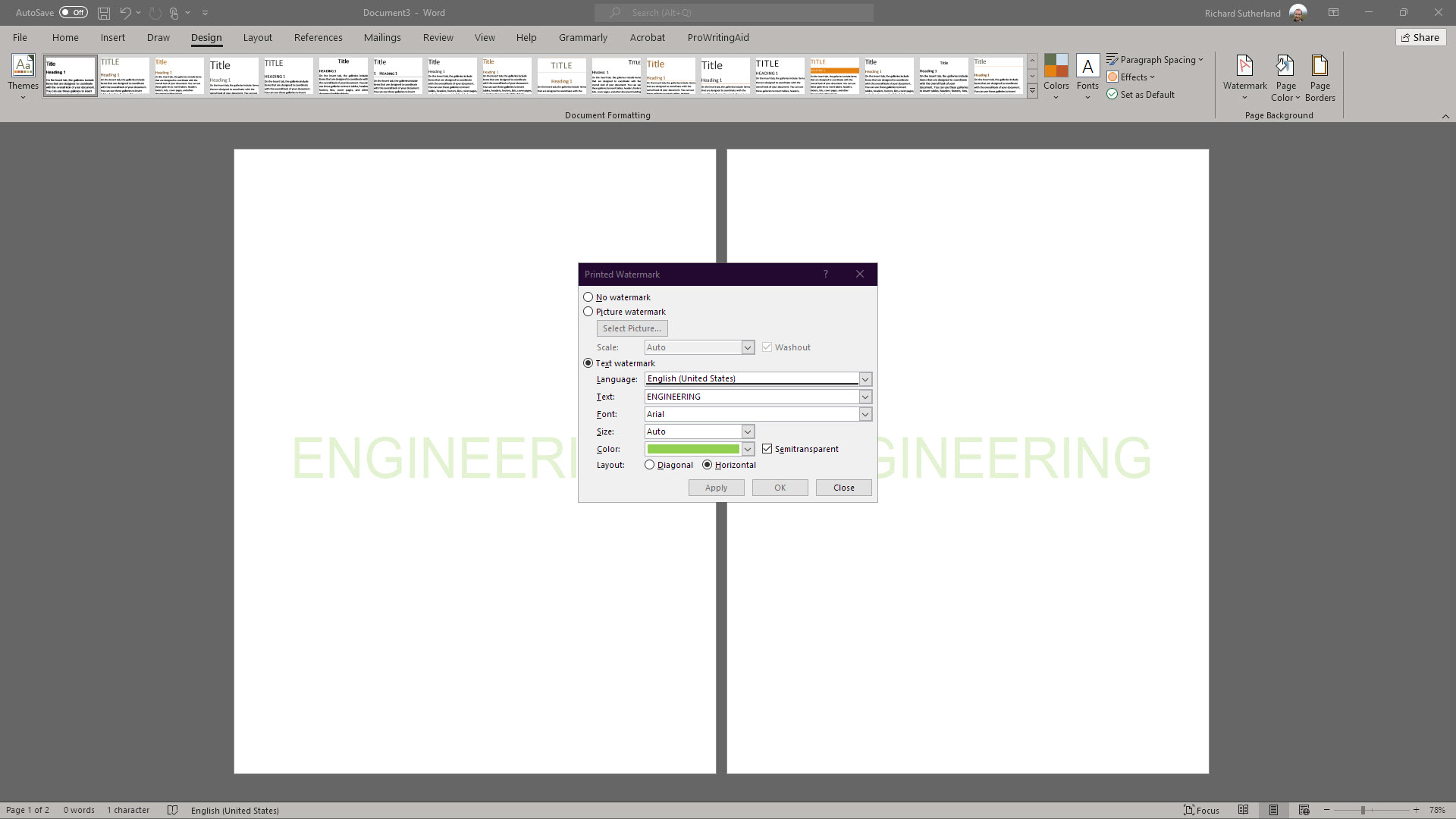 Screenshot of how to create a custom text watermark in Word