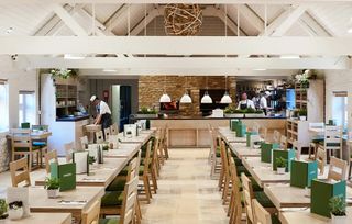 White and green restaurant interior