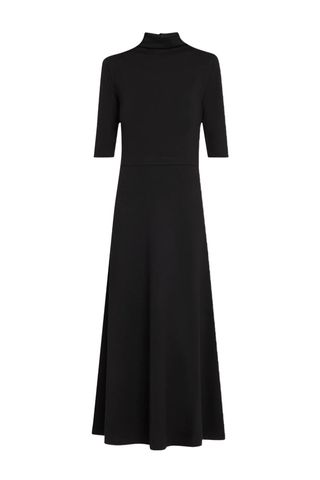 Elbow-Sleeve Turtleneck Midi Dress