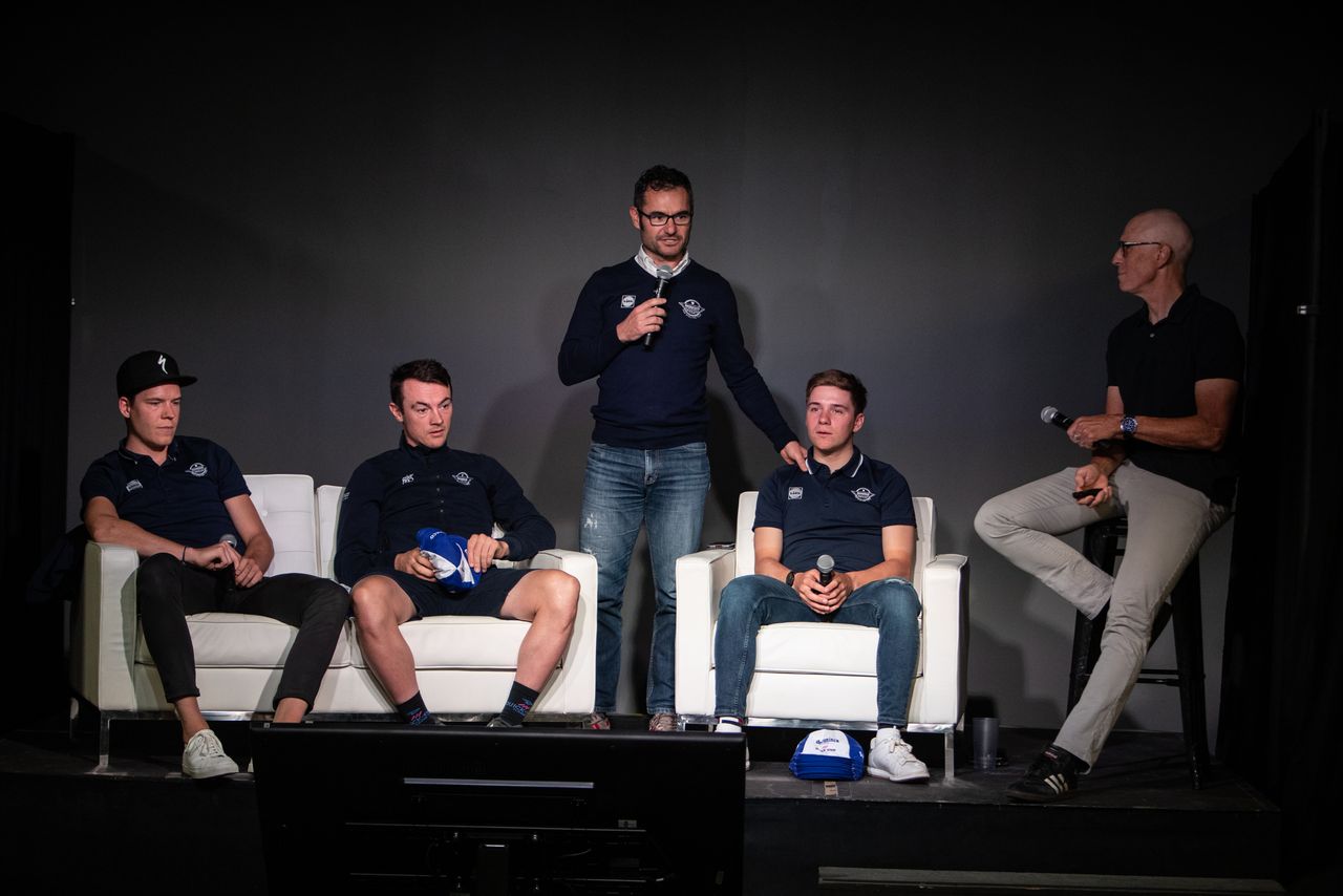 The riders on stage for a talk with Specialized staff