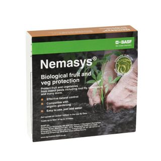 Black and green packet of Nemasys Natural Fruit and Veg Protection Nematodes on white background