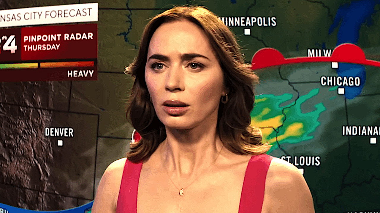 a female meteorologist in a red dress