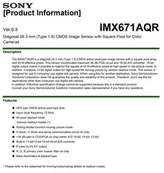 The claimed spec sheet for the Sony IM671AQR 43MP, 8K 12-bit, APS-C image sensor