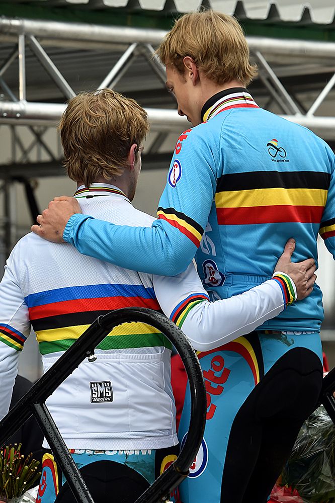 Eli Iserbyt and Quentin Hermans celebrate