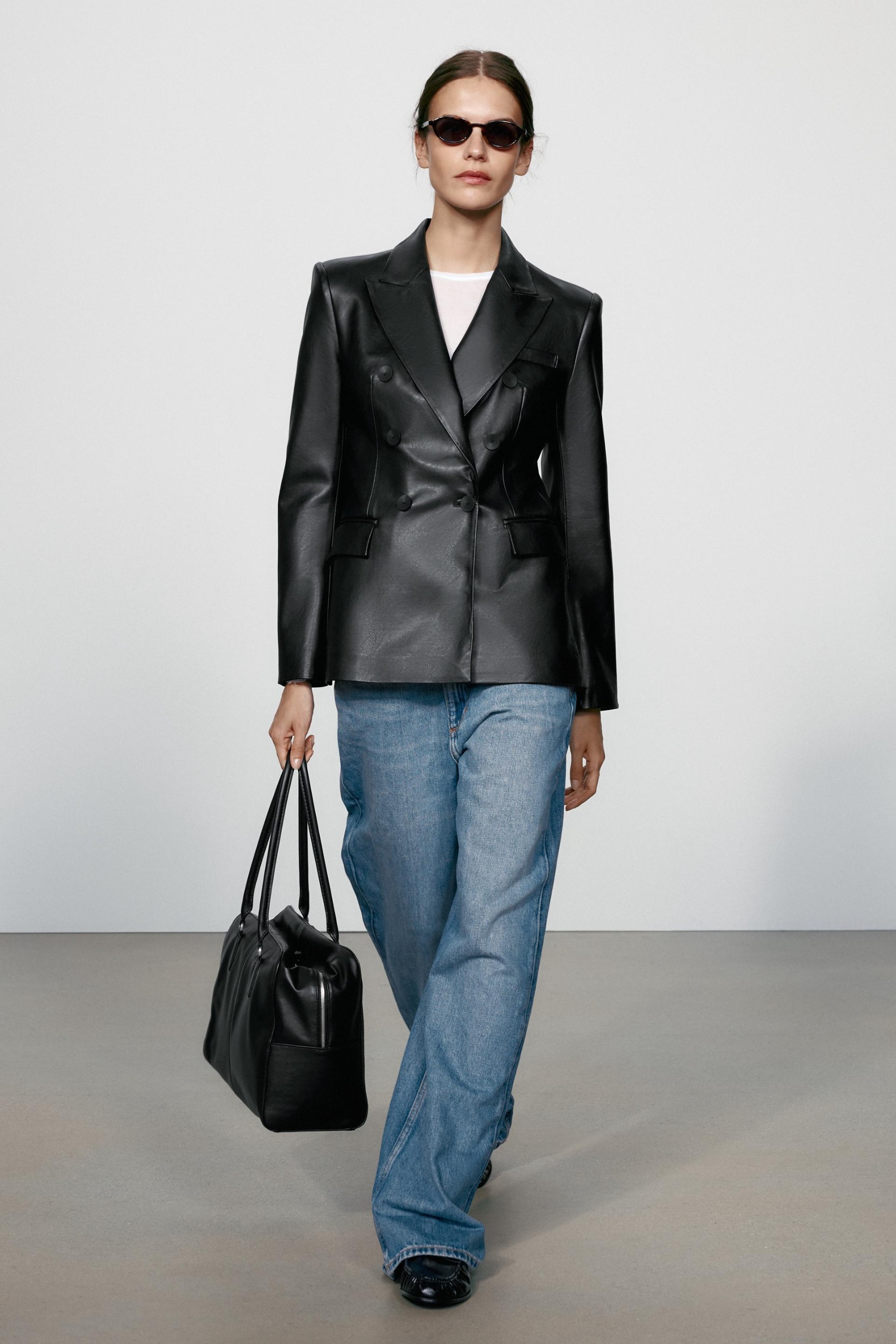 Leather Effect Double-Breasted Blazer - Black - Xs