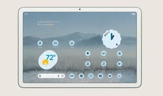 Pixel Tablet render showing apps and widgets on the display