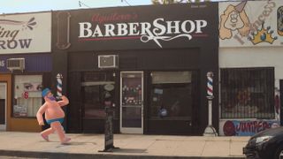Nexus Studios' Hotstepper character walking past a barbershop