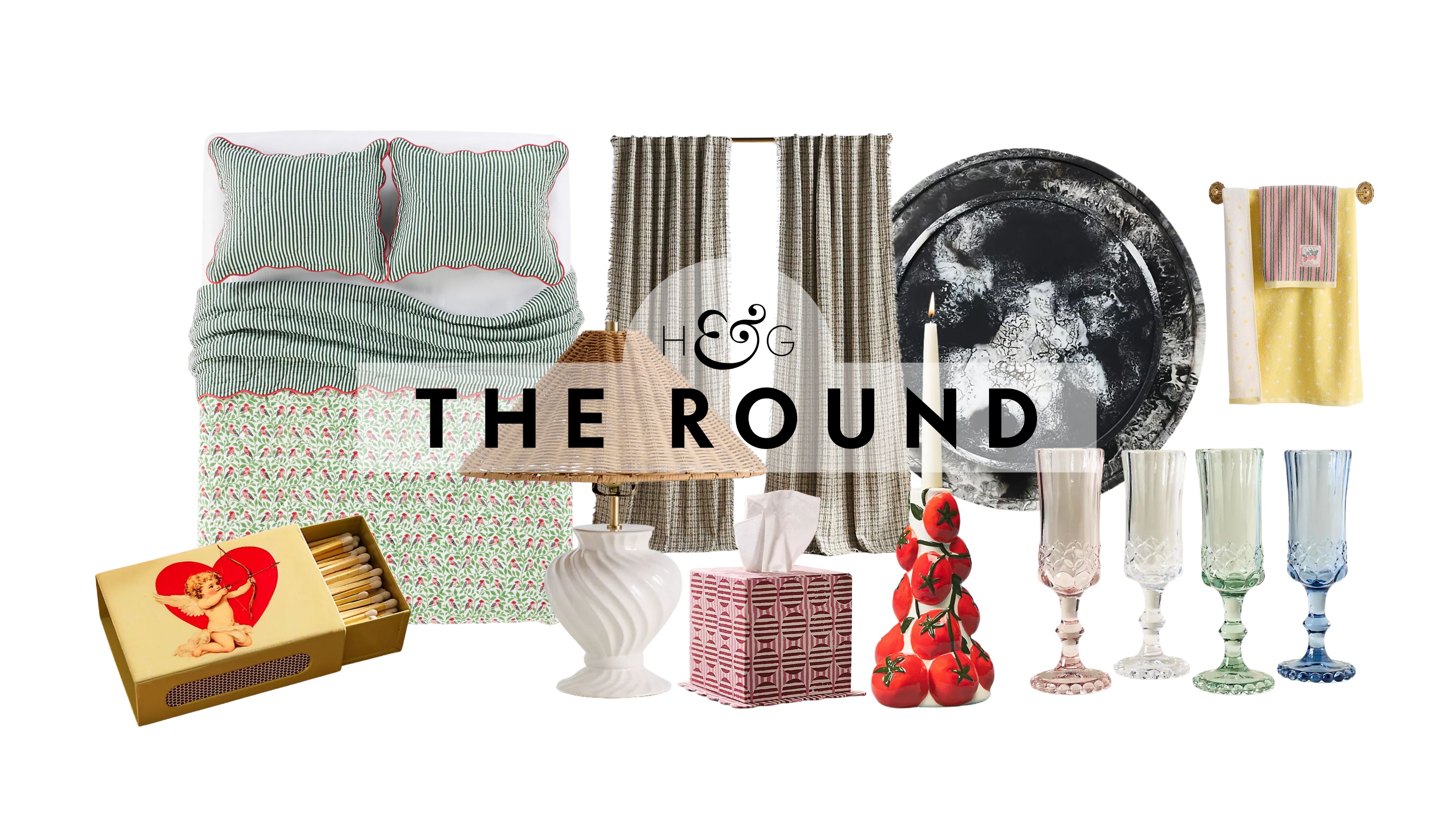 A collage of Anthropologie's new arrivals for 2026, including a cupid-motif match box, floral bedding, table lamp, curtain panel duo, tissue box, tomato-motif candlestick, multicolored glassware, resin Lazy Susan, and colorful hand towels, pictured against a white background.