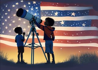 two kids standing next to a telescope with an american flag background