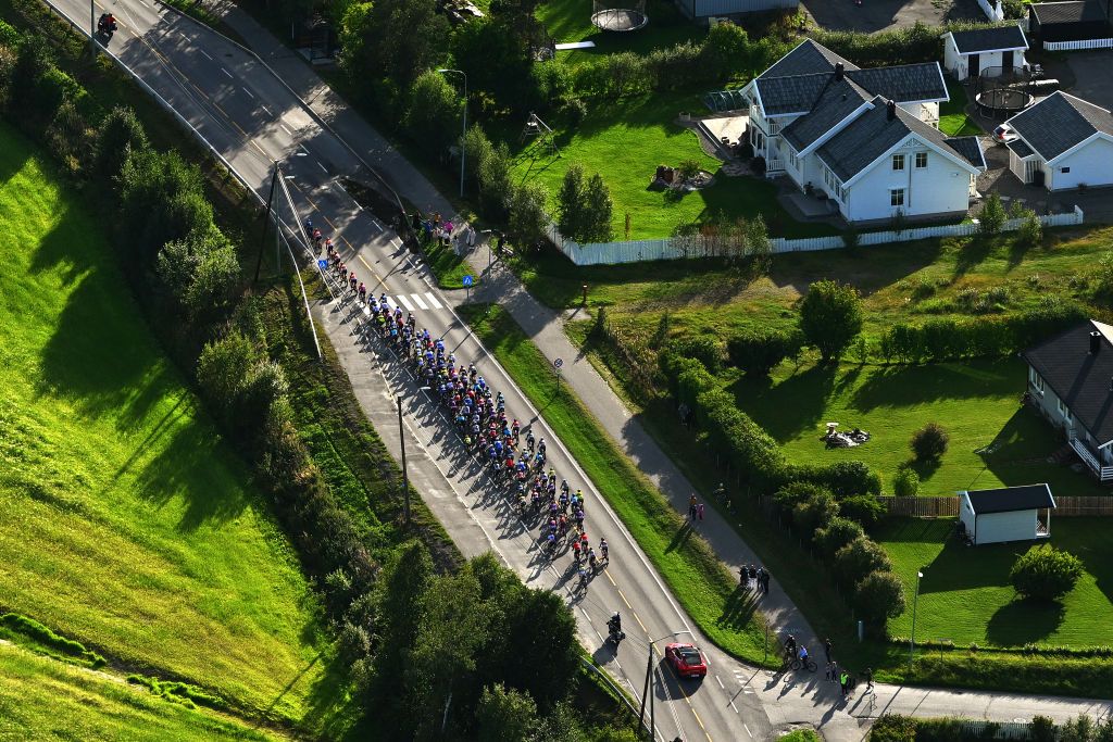 ALTA NORWAY AUGUST 17 A general view of the peloton passing through a landscape during the 10th Arctic Race of Norway Stage 1 a 171km stage from Kautokeino to Alta UCIWT on August 17 2023 in Alta Norway Photo by Luc ClaessenGetty Images