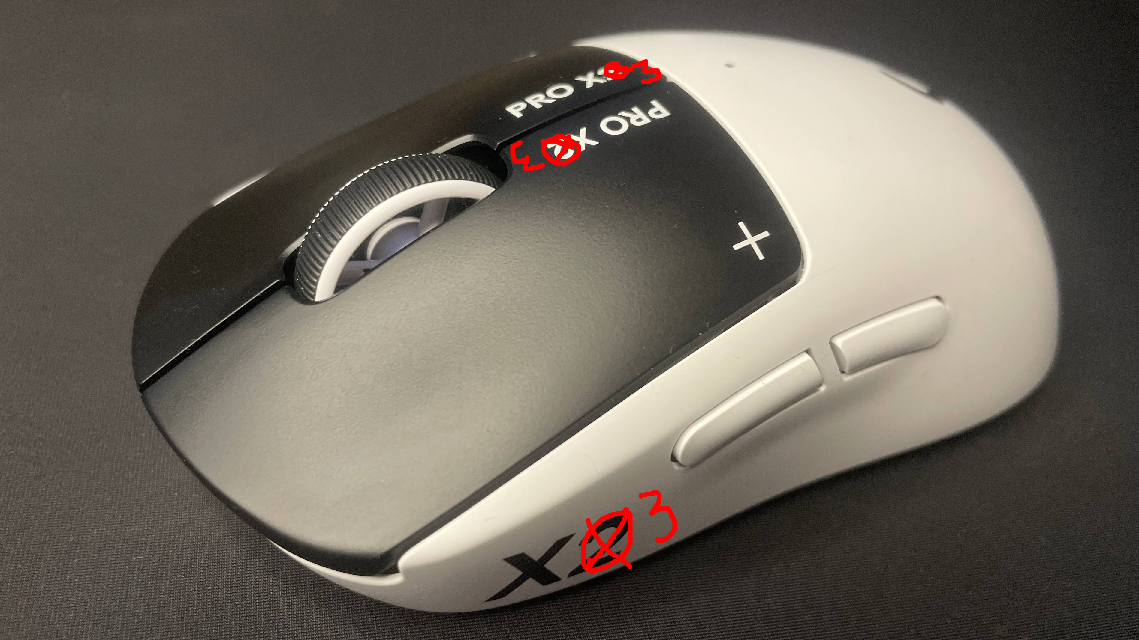 A Logitech G Pro X2 Superstrike with the '2' numbers crossed out and replaced with a '3'.
