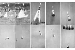 NASA's third pad abort test mated a production Mercury capsule with a launch escape tower for a successful "beach abort" from the Wallops Flight Facility in Virginia on May 9, 1960.