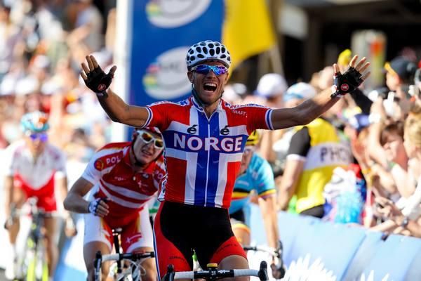 Top man: Thor Hushovd (Norway) takes the sprint to win the world title in Geelong.