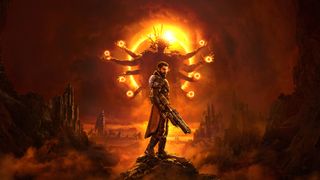 Saros review; a man stands in front of a sun god