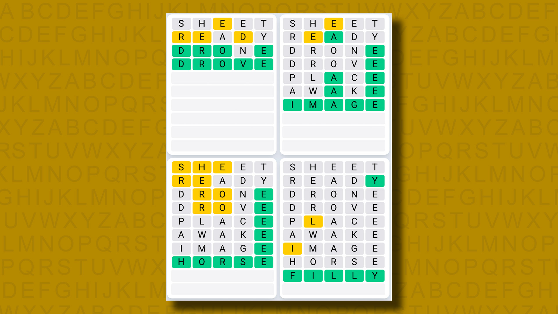 Quordle Daily Sequence answers for game 1273 on a yellow background