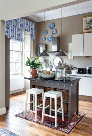 kitchen pelmet and blind with blue and white china fabric pattern