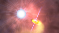 A bright blue orb next to an orange swirl against a smoky red background