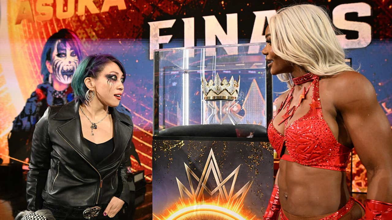 Asuka confronts Jade Cargill ahead of their Queen of the Ring match at WWE Night of Champions 2025.