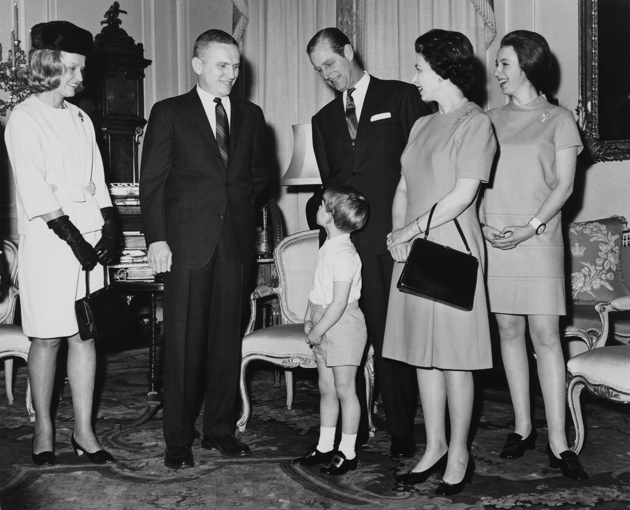 Queen Elizabeth, Prince Philip, Princess Anne and Prince Edward meeting Colonel Frank Borman