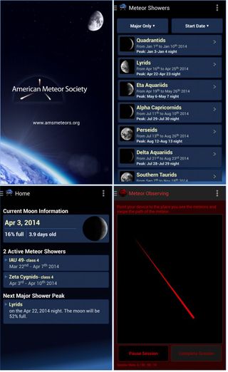 The American Meteor Society's AMS Meteors app describes and tracks upcoming showers and the moonlight's impact on them. The app includes an interactive reporting system (lower right) that uses your device's sensors to record and report meteors, which lets you contribute to science!