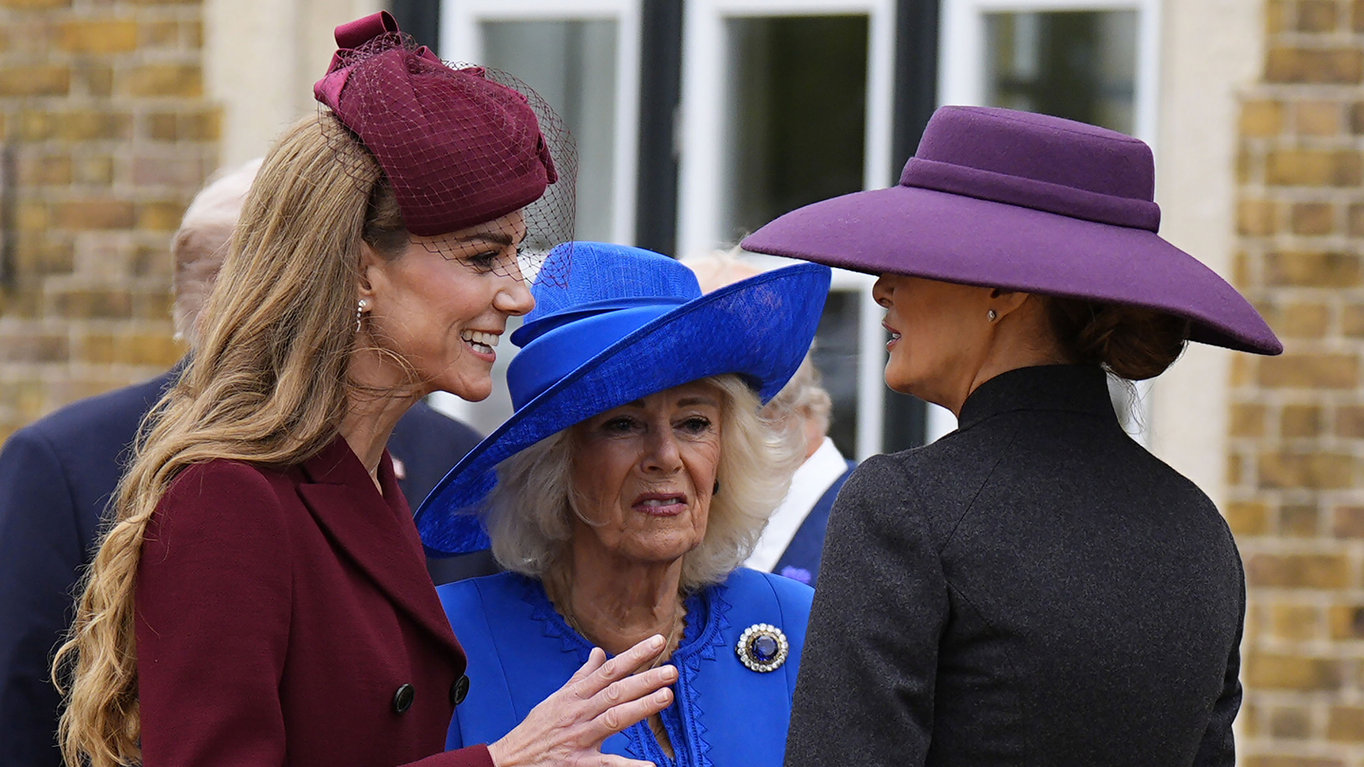 WINDSOR, ENGLAND - SEPTEMBER 17: (L-R) Catherine, Princess of Wales, Queen Camilla and First Lady Melania Trump arrive for a state visit at Windsor Castle on September 17, 2025 in Windsor, England. (Photo by Aaron Chown - WPA Pool/Getty Images)